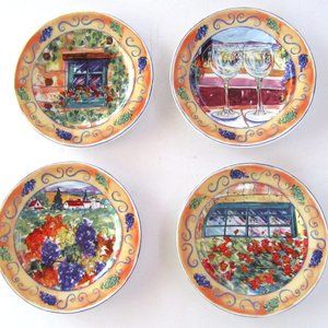 Anne Ormsby small appetizer cocktail plates - wine, grapes, flowers, windowsills